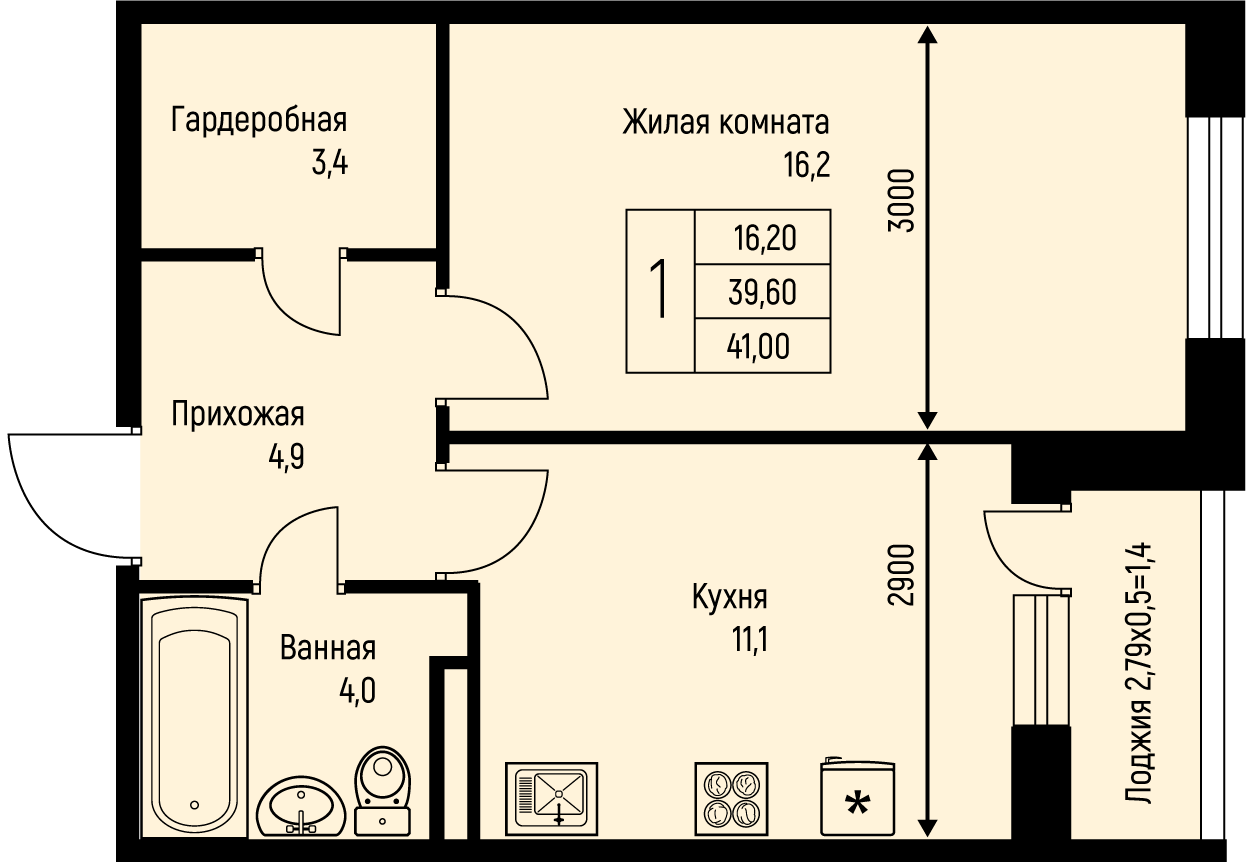 Планировка 1-комн. в ЖК «Nova Vita»