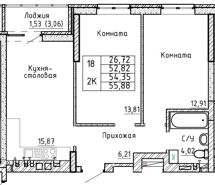 Планировка 2-комн. в ЖК «Авиатор»