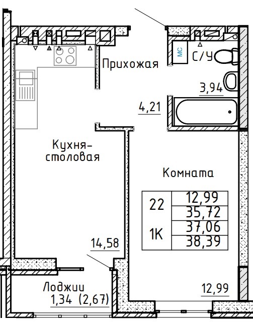 Планировка 1-комн. в ЖК «Авиатор»