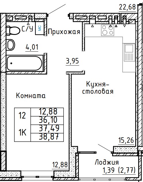 Планировка 1-комн. в ЖК «Авиатор»