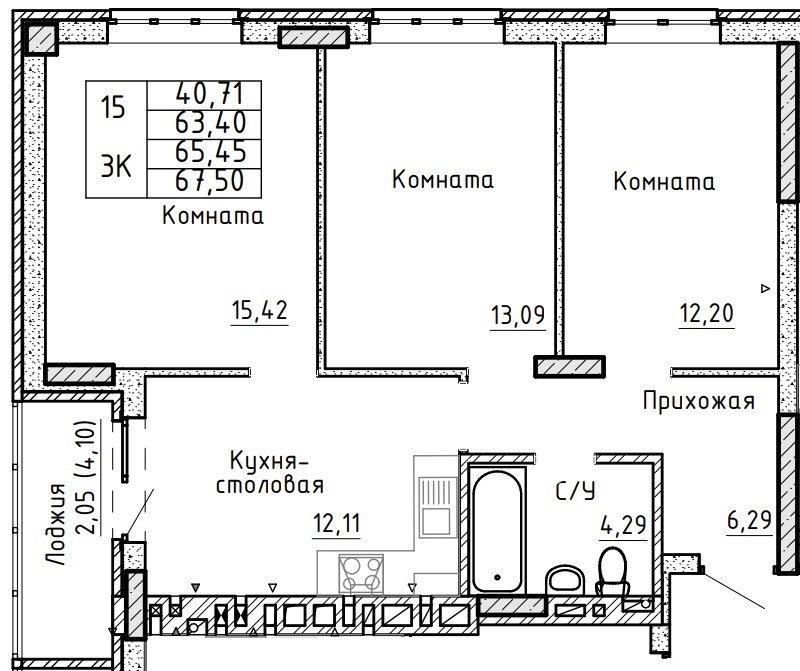 Планировка 3-комн. в ЖК «Авиатор»