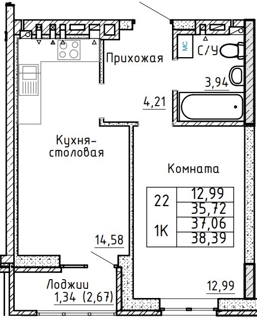 Планировка 1-комн. в ЖК «Авиатор»