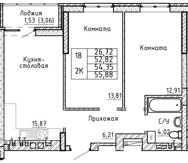 Планировка 2-комн. в ЖК «Авиатор»