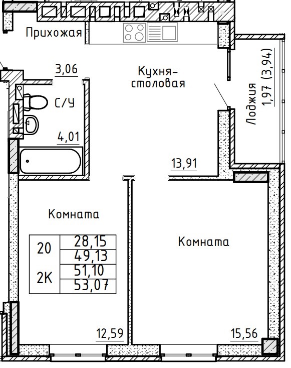 Планировка 2-комн. в ЖК «Авиатор»