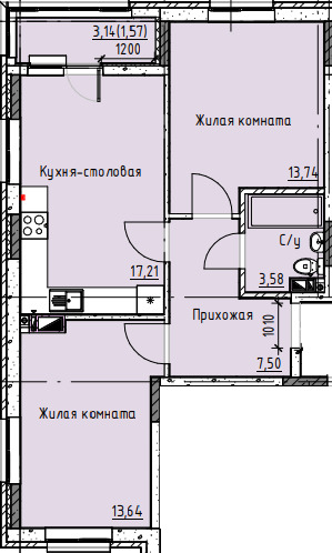 Планировка 2-комн. в ЖК «Высота»