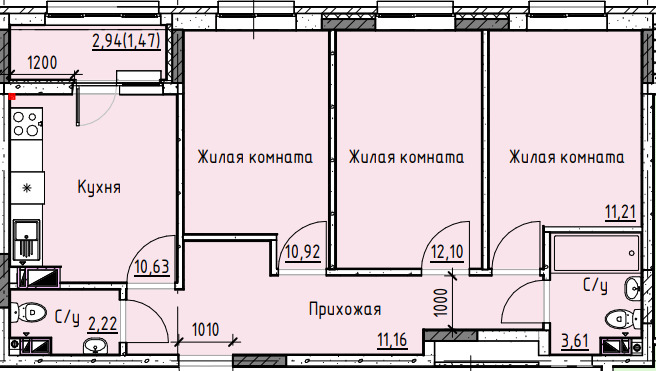 Планировка 3-комн. в ЖК «Высота»