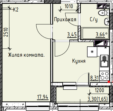 Планировка 1-комн. в ЖК «Высота»