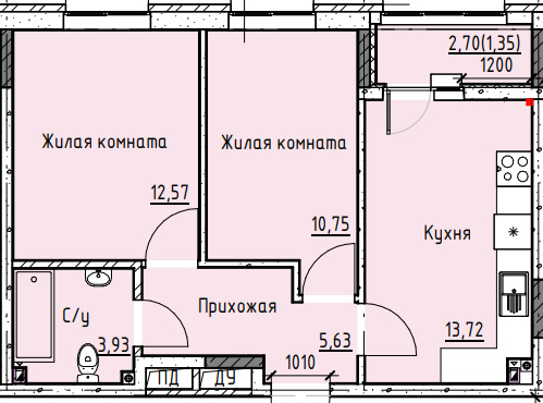 Планировка 2-комн. в ЖК «Высота»