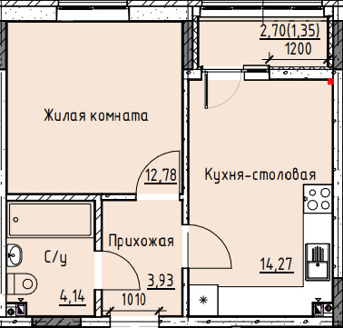 Планировка 1-комн. в ЖК «Высота»
