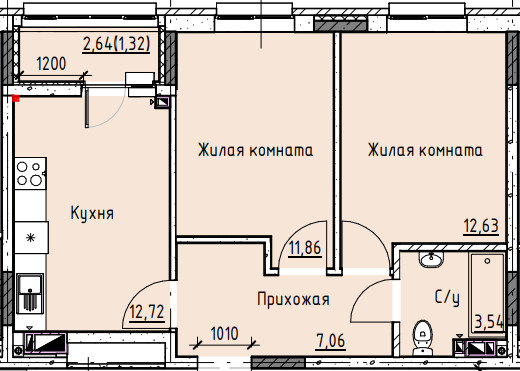 Планировка 2-комн. в ЖК «Высота»