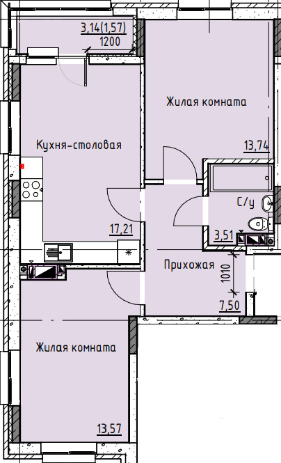 Планировка 2-комн. в ЖК «Высота»