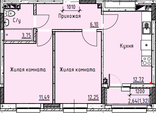 Планировка 2-комн. в ЖК «Высота»