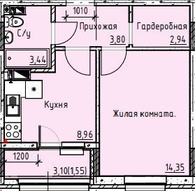 Планировка 1-комн. в ЖК «Высота»