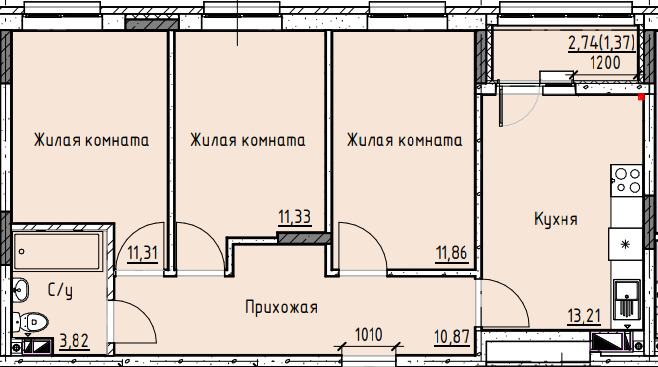 Планировка 3-комн. в ЖК «Высота»