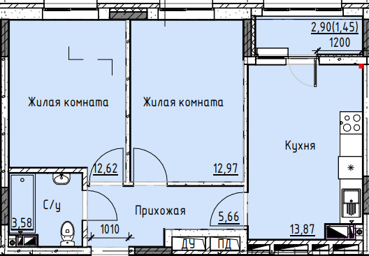 Планировка 2-комн. в ЖК «Высота»