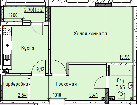 Планировка 1-комн. в ЖК «Высота»