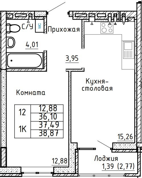 Планировка 1-комн. в ЖК «Авиатор»