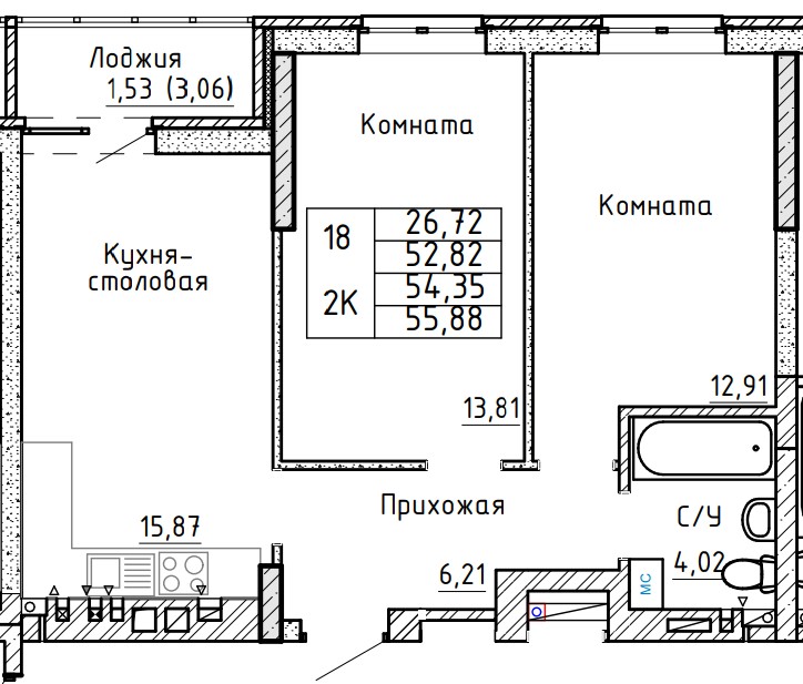 Планировка 2-комн. в ЖК «Авиатор»
