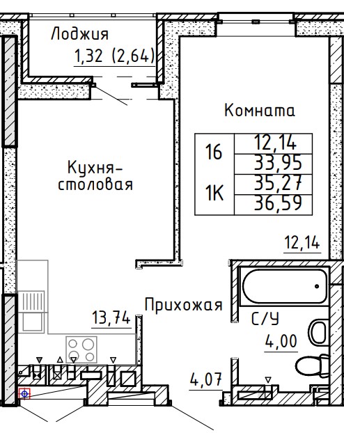 Планировка 1-комн. в ЖК «Авиатор»