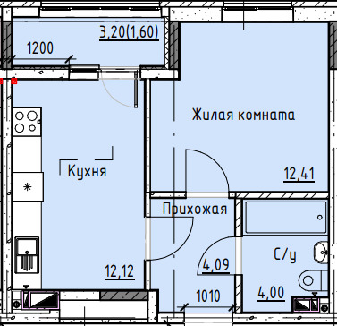 Планировка 1-комн. в ЖК «Высота»