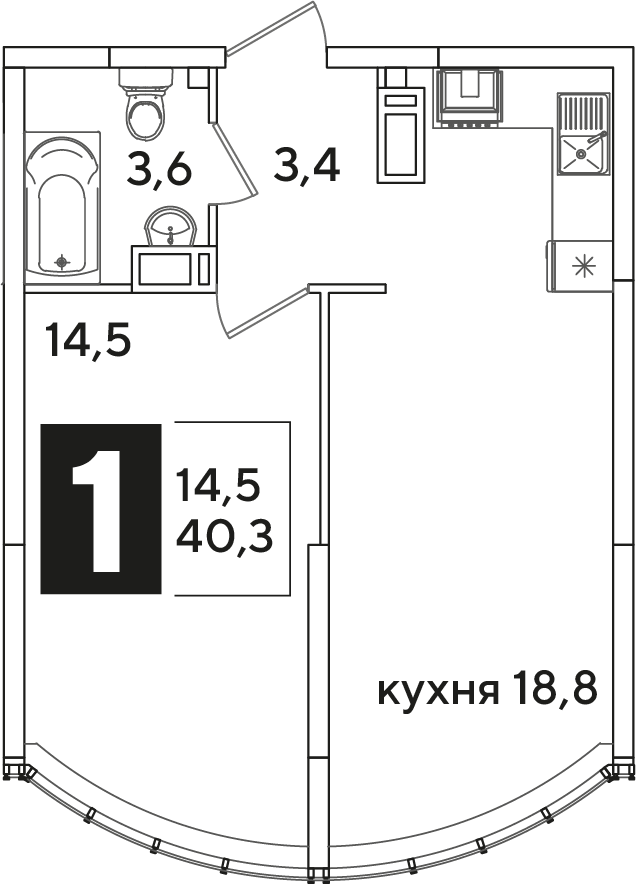 Планировка 1-комн. в ЖК «Самолет»