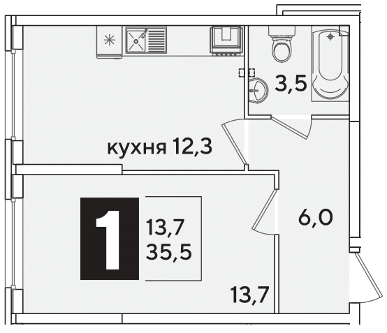 Планировка 1-комн. в ЖК «Самолет»