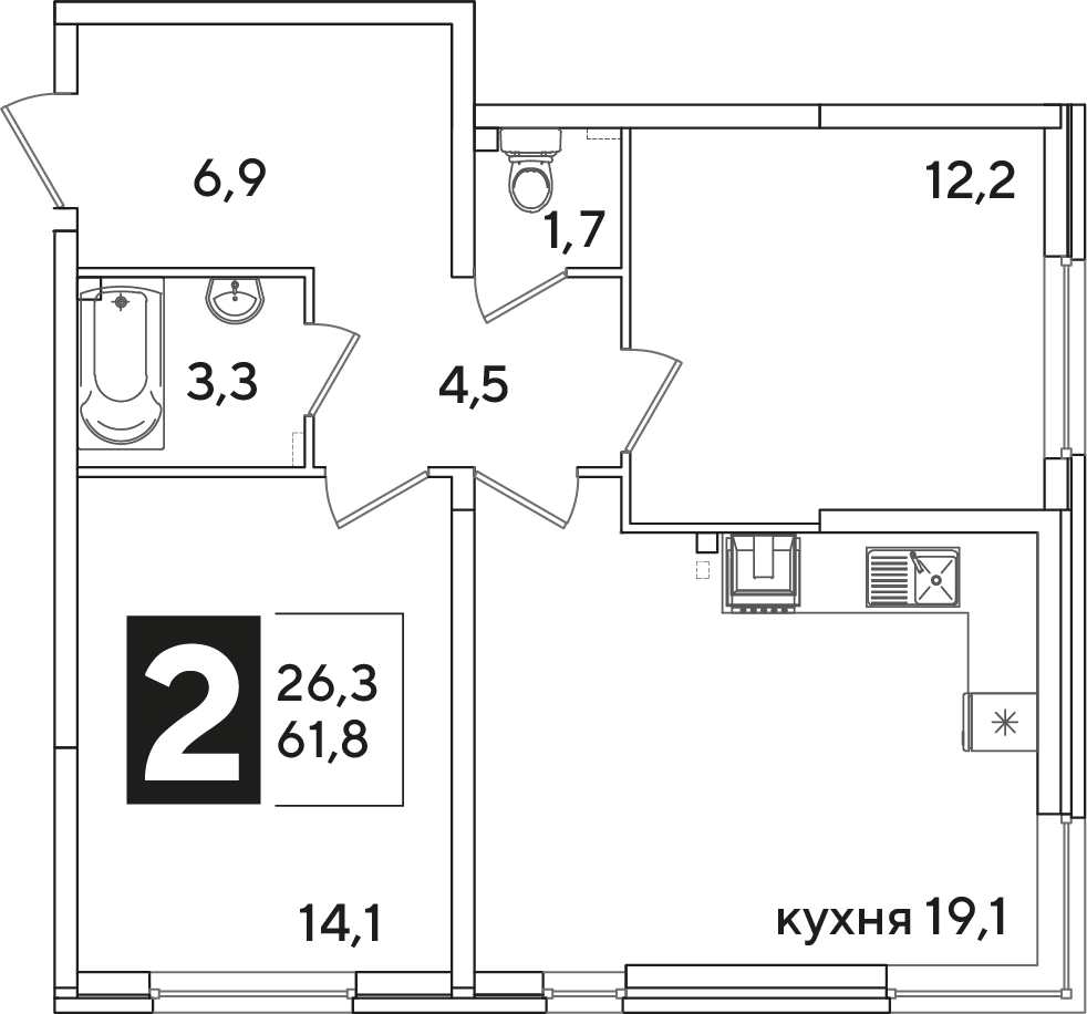 Планировка 2-комн. в ЖК «Самолет»