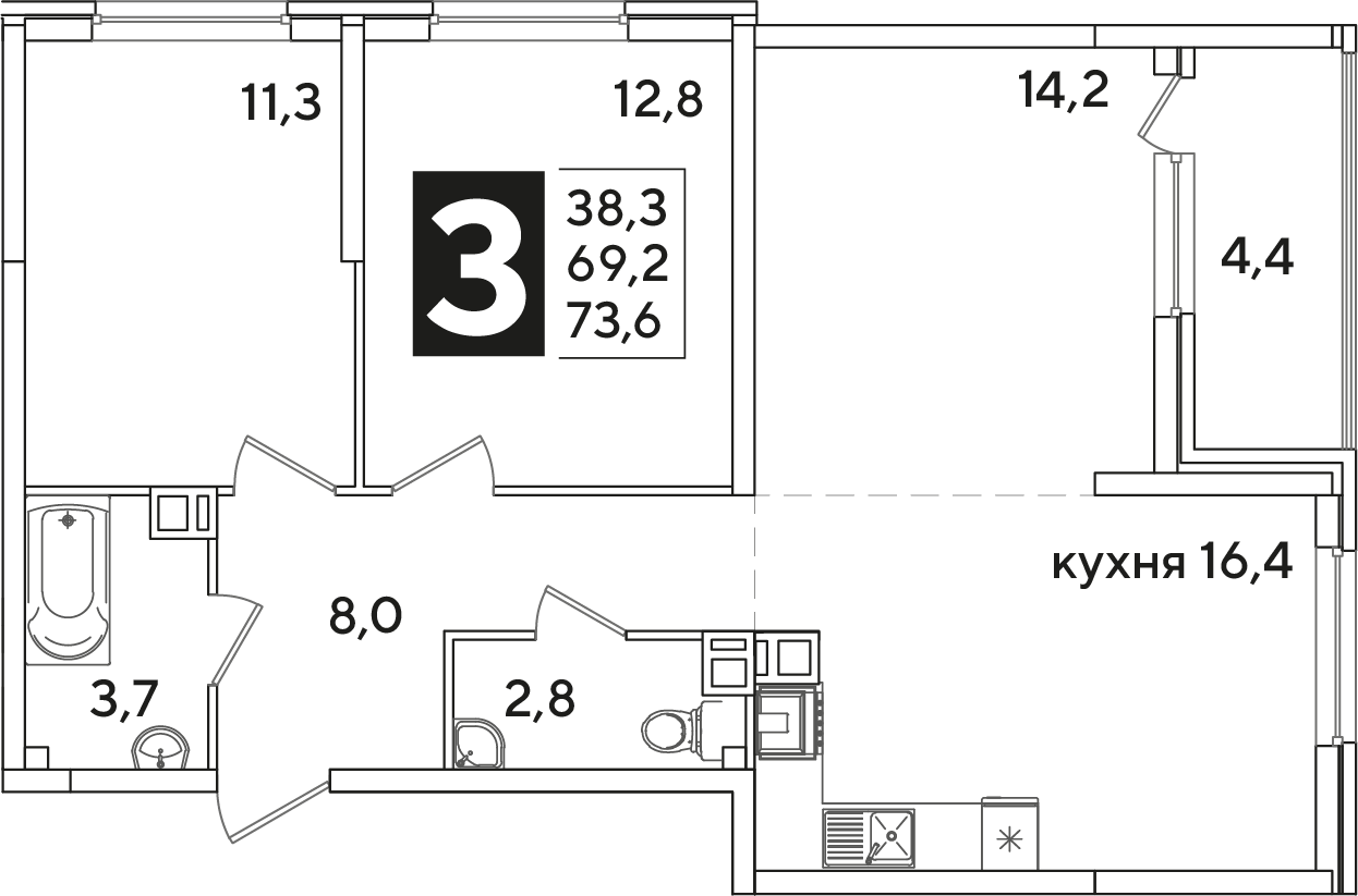 Планировка 3-комн. в ЖК «Самолет»
