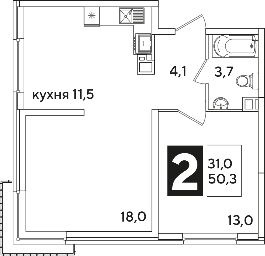 Планировка 2-комн. в ЖК «Самолет»