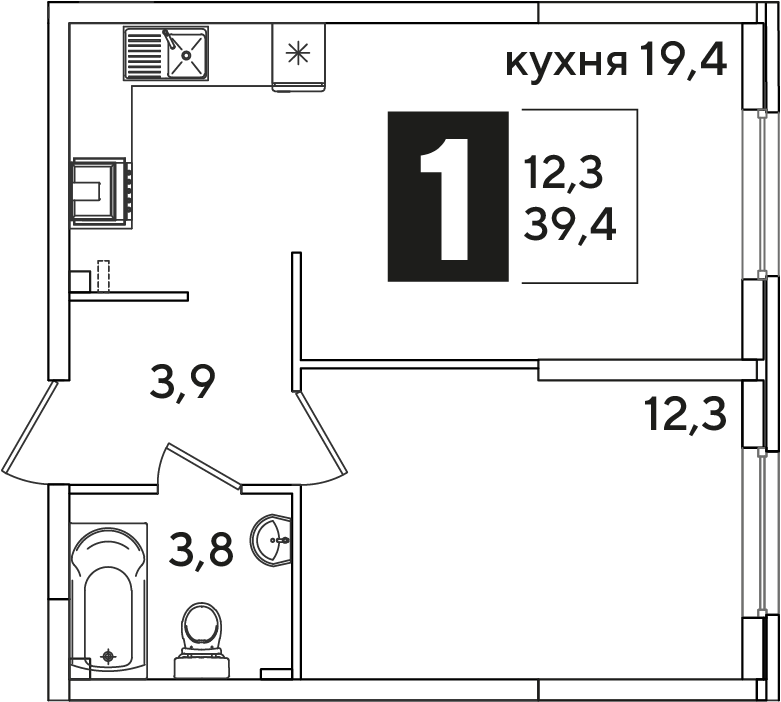 Планировка 1-комн. в ЖК «Самолет»