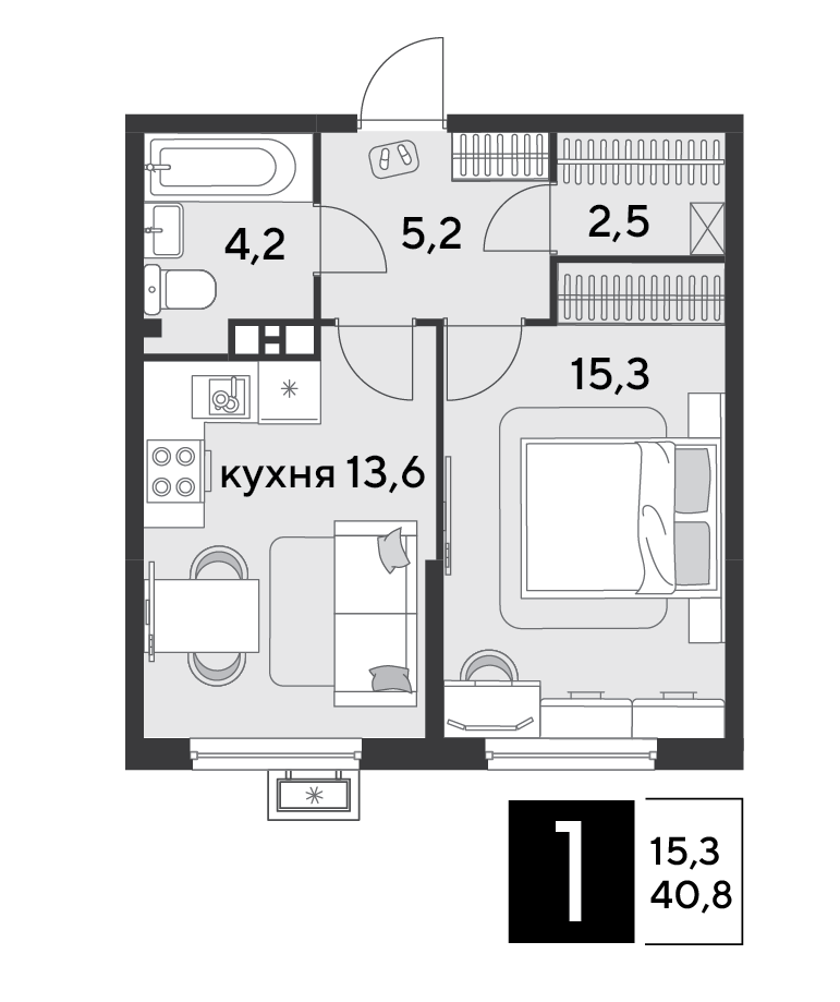 Планировка 1-комн. в ЖК «Парк Победы-2»