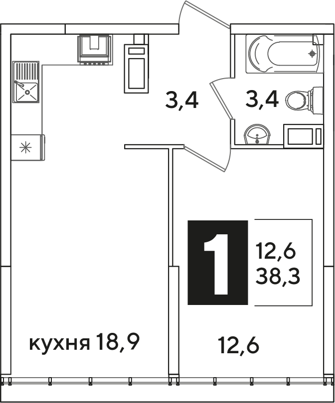 Планировка 1-комн. в ЖК «Самолет»