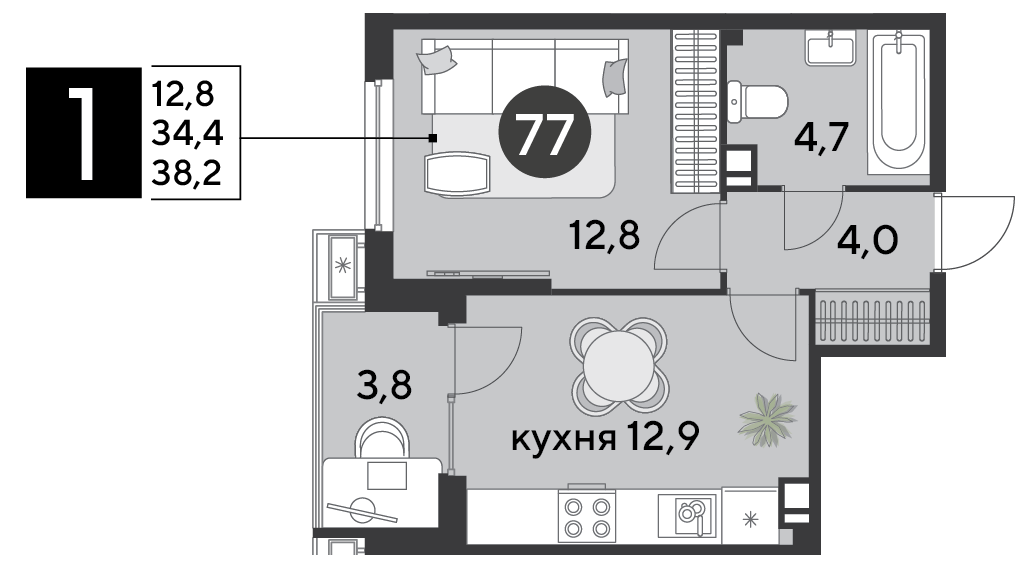 Планировка 1-комн. в ЖК «Парк Победы-2»