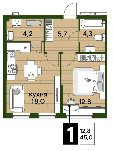 Планировка 1-комн. в ЖК «Догма Парк»