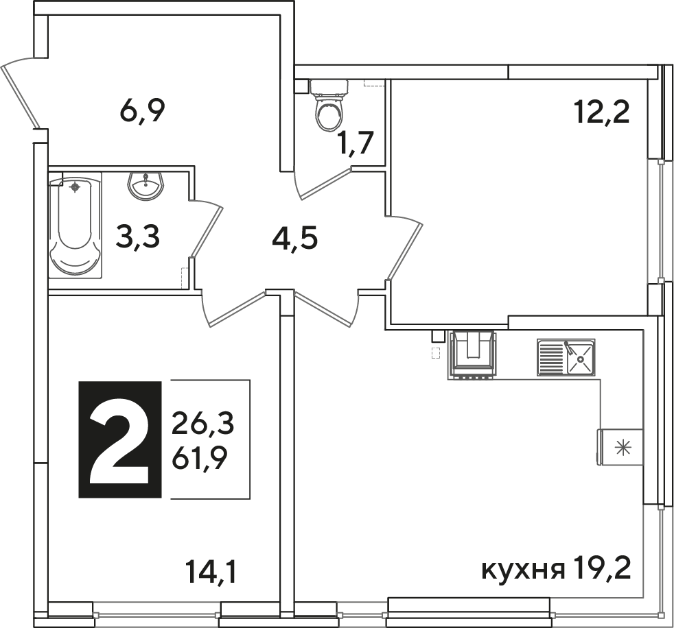 Планировка 2-комн. в ЖК «Самолет»