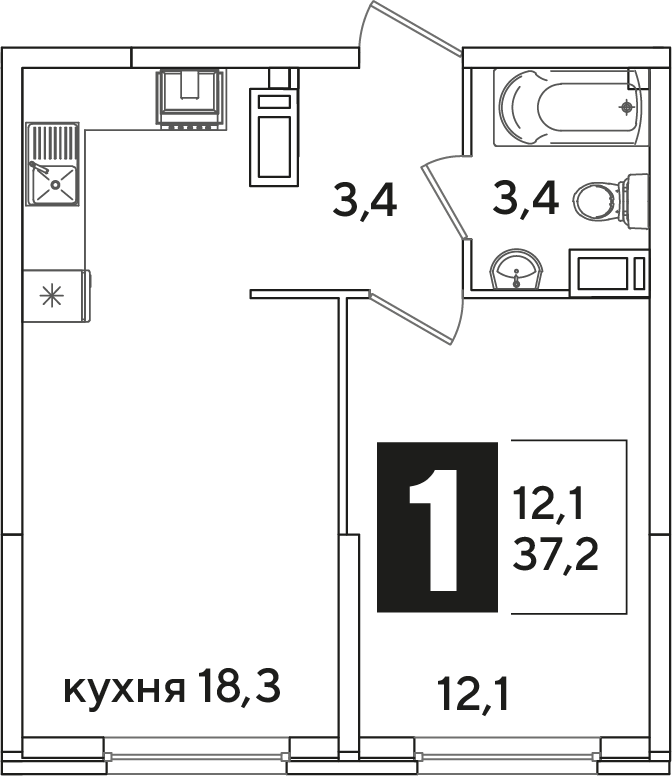 Планировка 1-комн. в ЖК «Самолет»