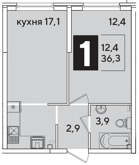 Планировка 1-комн. в ЖК «Самолет»