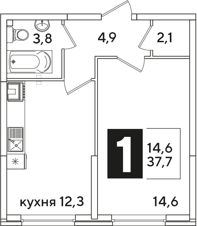 Планировка 1-комн. в ЖК «Самолет»
