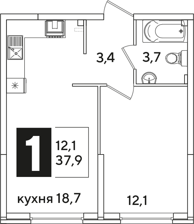 Планировка 1-комн. в ЖК «Самолет»