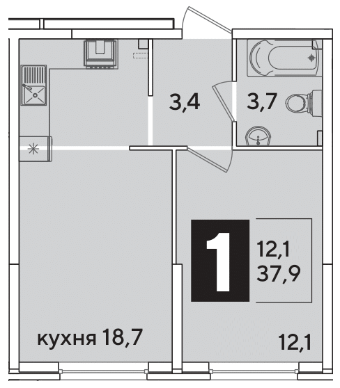 Планировка 1-комн. в ЖК «Самолет»
