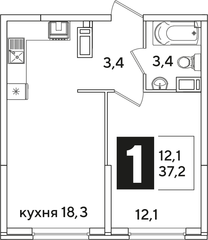 Планировка 1-комн. в ЖК «Самолет»