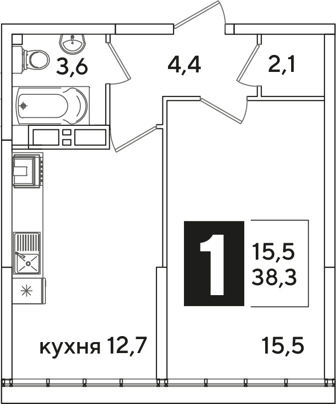Планировка 1-комн. в ЖК «Самолет»