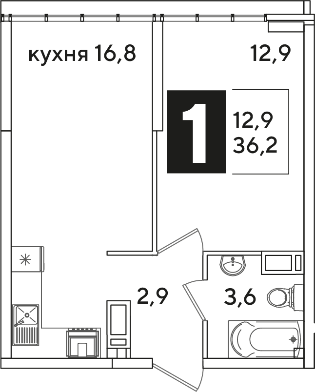 Планировка 1-комн. в ЖК «Самолет»
