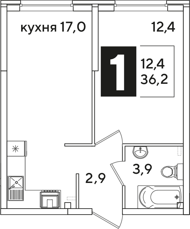 Планировка 1-комн. в ЖК «Самолет»