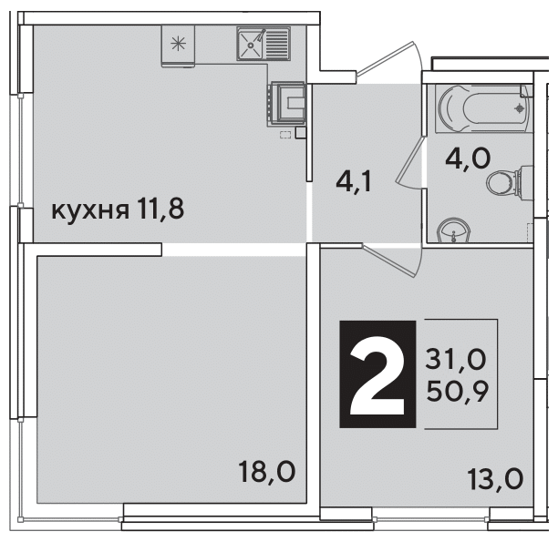 Планировка 2-комн. в ЖК «Самолет»