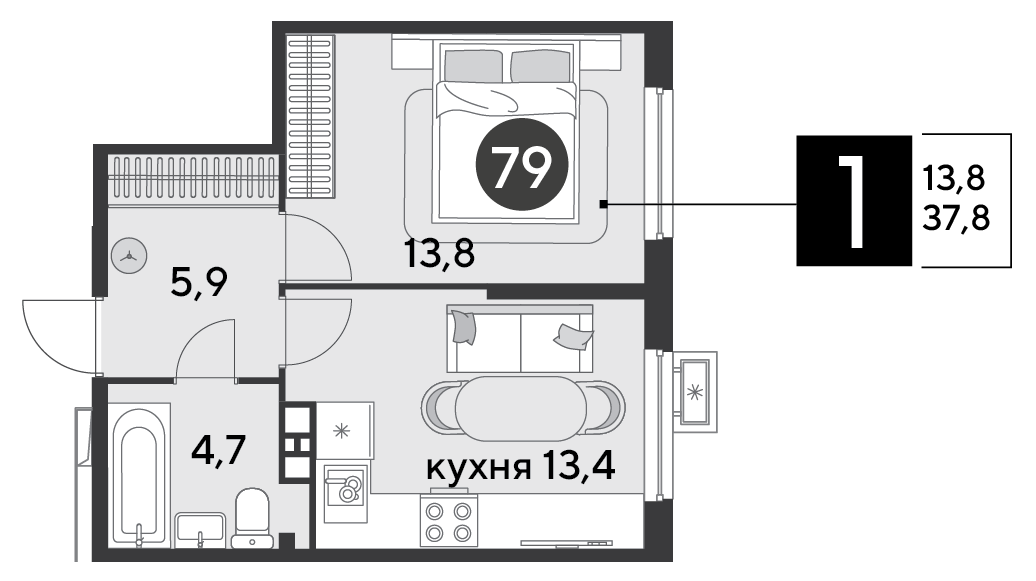 Планировка 1-комн. в ЖК «Парк Победы-2»