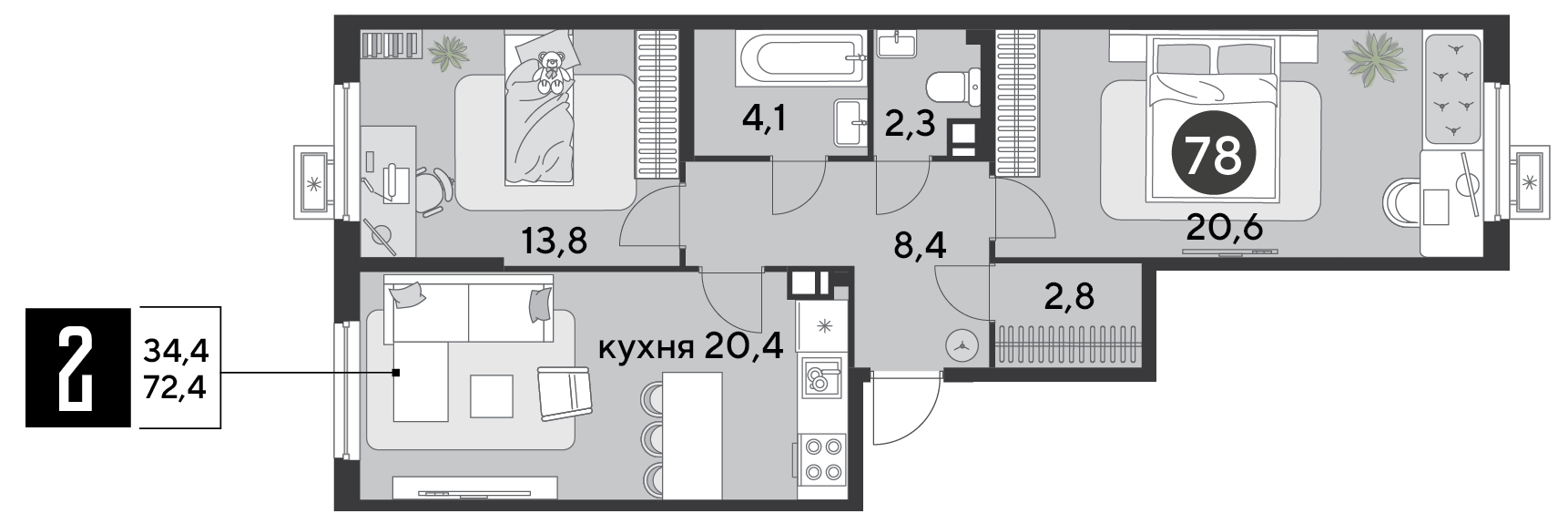 Планировка 2-комн. в ЖК «Парк Победы-2»