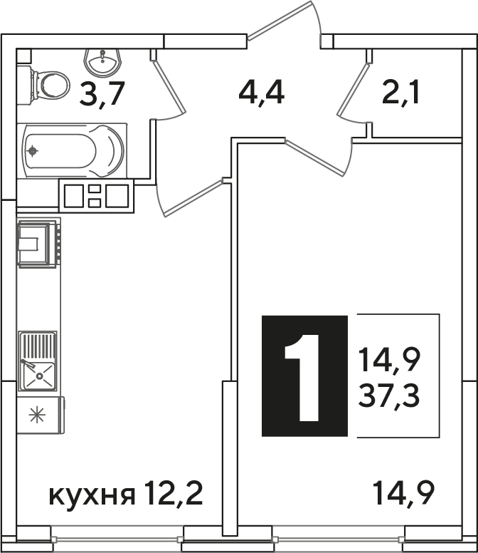 Планировка 1-комн. в ЖК «Самолет»