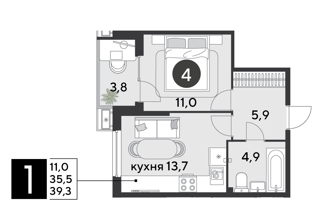 Планировка 1-комн. в ЖК «Парк Победы-2»