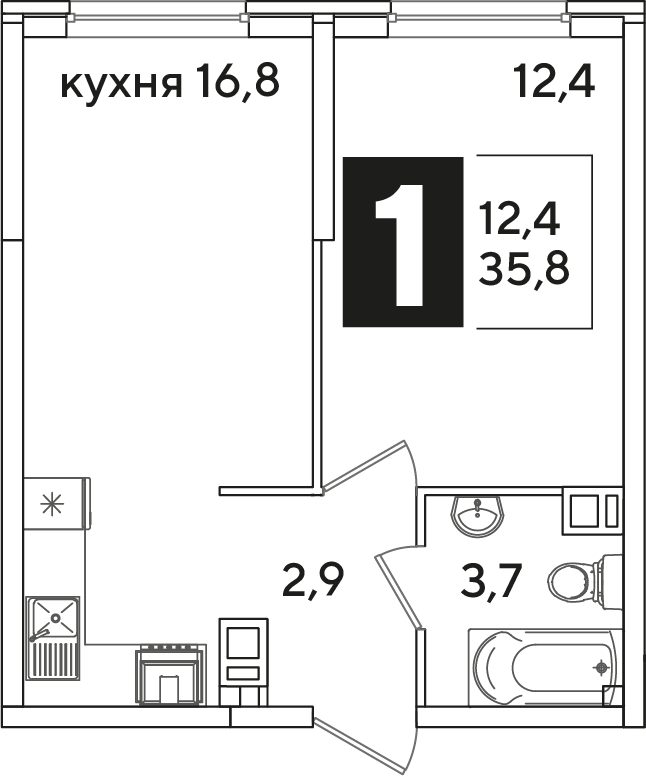 Планировка 1-комн. в ЖК «Самолет»